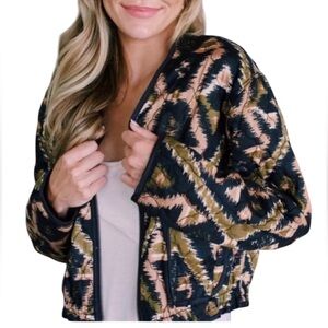 Free People Peggy Ikat Black and Gold Quilted Bomber Jacket
